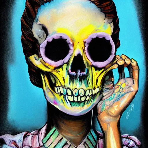 Prompt: a portrait of a girl skull face, marge simpsons in the style of banksy, van gogh, atey ghailan and steve mccurry, vibrant colors and hard shadows and strong rim light, lucien freud, comic cover art, trending on artstation