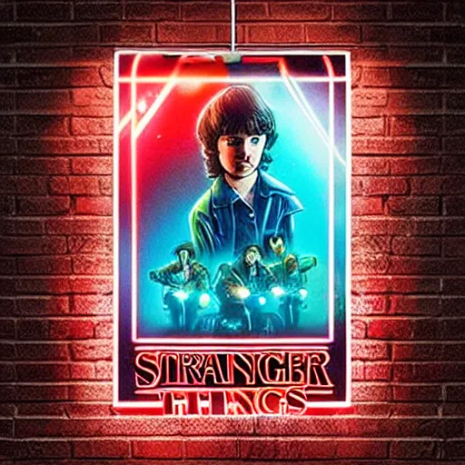 Prompt: stranger things poster hanging on a dark neon light brick wall