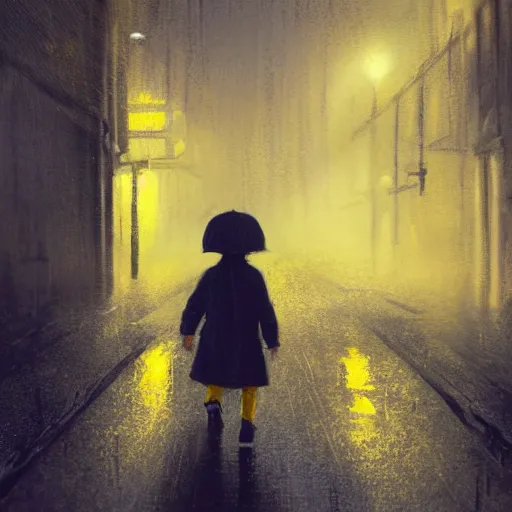 Image similar to A small child wearing a yellow rain coat walking alone in a dark alley,it is raining heavily, scary atmosphere,gloomy lighting, digital art , highly detailed , high contrast, beautiful lighting, award winning , trending on art station, 8k, photo realistic