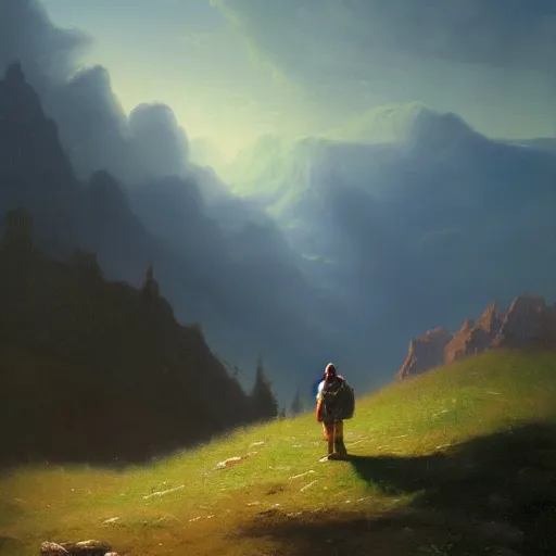 Image similar to a traveler wandering through the mountains looking at the clouds, very detailed, focused, oil painting, cinematic lighting, Albert Bierstadt, trending on Artstation