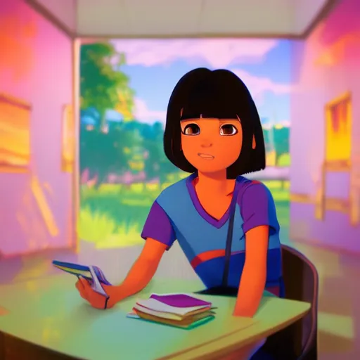 Image similar to ⁠portrait of Dora the Explorer, office cubicle background, rich vivid colors, ambient lighting, dynamic lighting, 4k, HQ, official media, makoto shinkai, detailed, still from pixar's Up movie,trending on artstation