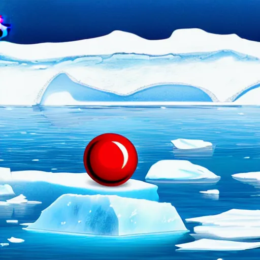 Image similar to cartoon drawing of a seal tossing a red ball with a white lamb in antarctica. the seal's head is sticking out above the water and the sheep is standing near the edge of ice