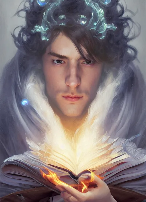 Image similar to character concept portrait of an attractive young focused Spanish wizard with pale skin enchanting a flaming love spell, a floating iridescent spell book in the center, intricate, elegant, digital painting, concept art, smooth, sharp focus, illustration, from Metal Gear, by Ruan Jia and Mandy Jurgens and William-Adolphe Bouguereau, Artgerm