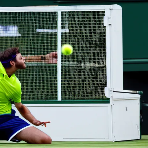 Prompt: Garfield playing wimbledon against a refrigerator