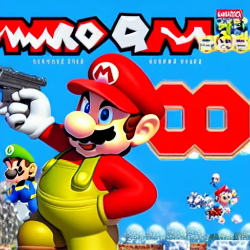 Prompt: Mario with gun on the cover of Super Mario Warzone, Nintendo DS, 2005, cover art