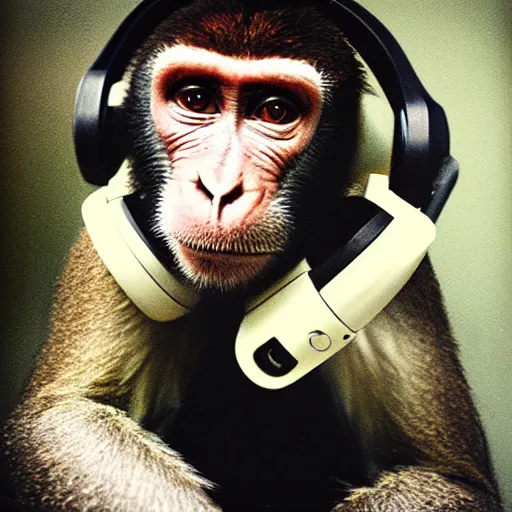 Image similar to a polaroid photo of a monkey with headphones