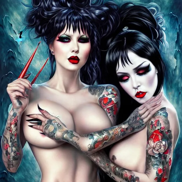 Prompt: two beautiful girls fighting in elvira cosplay with black hair in fully tattooed body and fishnet clothes fully on, beautiful detailed face, white face makeup, big red lips, black eye makeup, art by wlop and karol bak and gennady ulybin and stanley lau and artgem and magali villeneuve