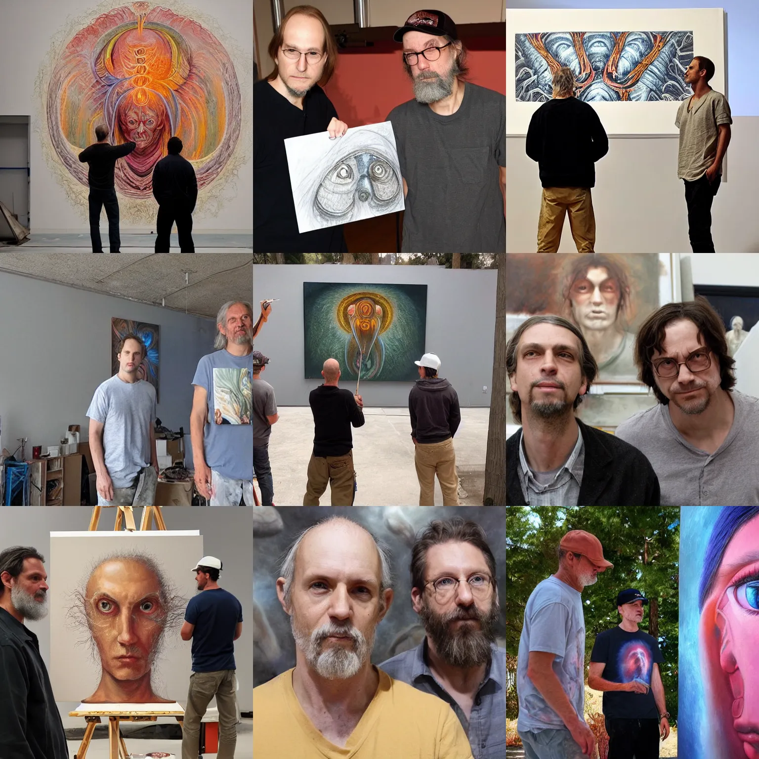 Image similar to painters Alex Grey together with painter Greg Rutkowski looking in the camera at the people who stole their job