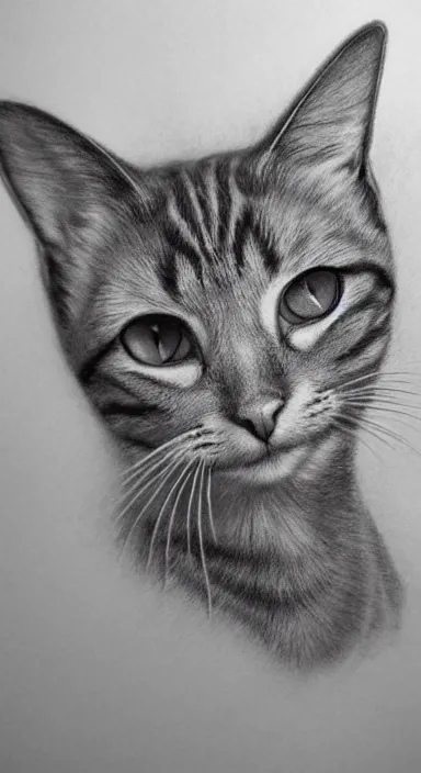 Image similar to highly detailed full body realistic pencil sketch of a beautiful cat with big green eyes in front of the universe