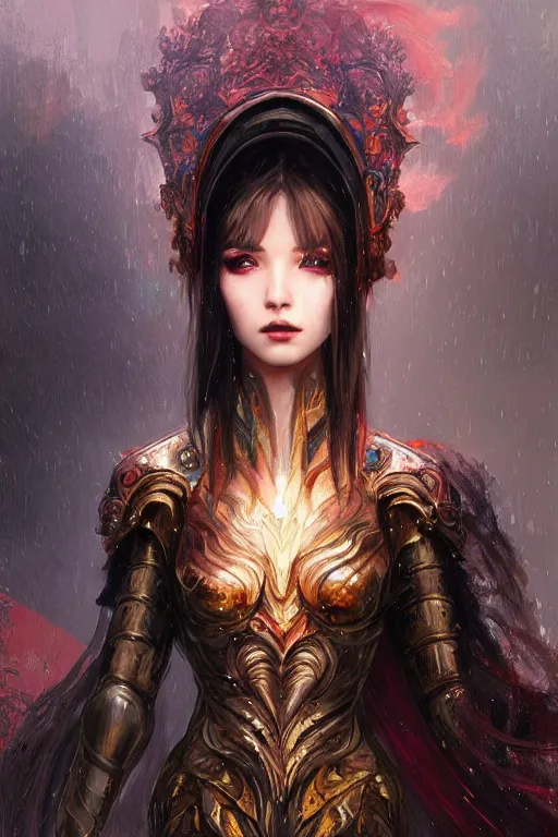 Image similar to portrait knights of Zodiac girl+smoky eyes, black fire color reflected armor, in ruined Agora of Athens rainy night, ssci-fi and fantasy, intricate and very very beautiful and elegant, highly detailed, digital painting, artstation, concept art, smooth and sharp focus, illustration, art by tian zi and WLOP and alphonse mucha