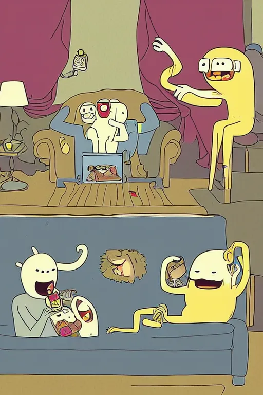 Prompt: illustration of monkeys watching tv in the style of adventure time, by pendleton ward