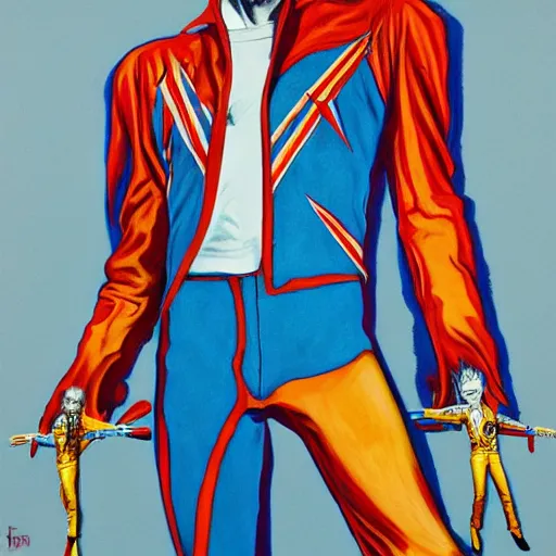 Prompt: Ziggy Stardust holding a Bowie knife, hand, james jean