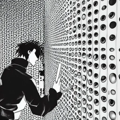 Image similar to close-up scene neighbor holding a drill and drilling holes in a room, all wall is drilled with holes, manga, black and white manga horror in style of junji ito, kentaro miura