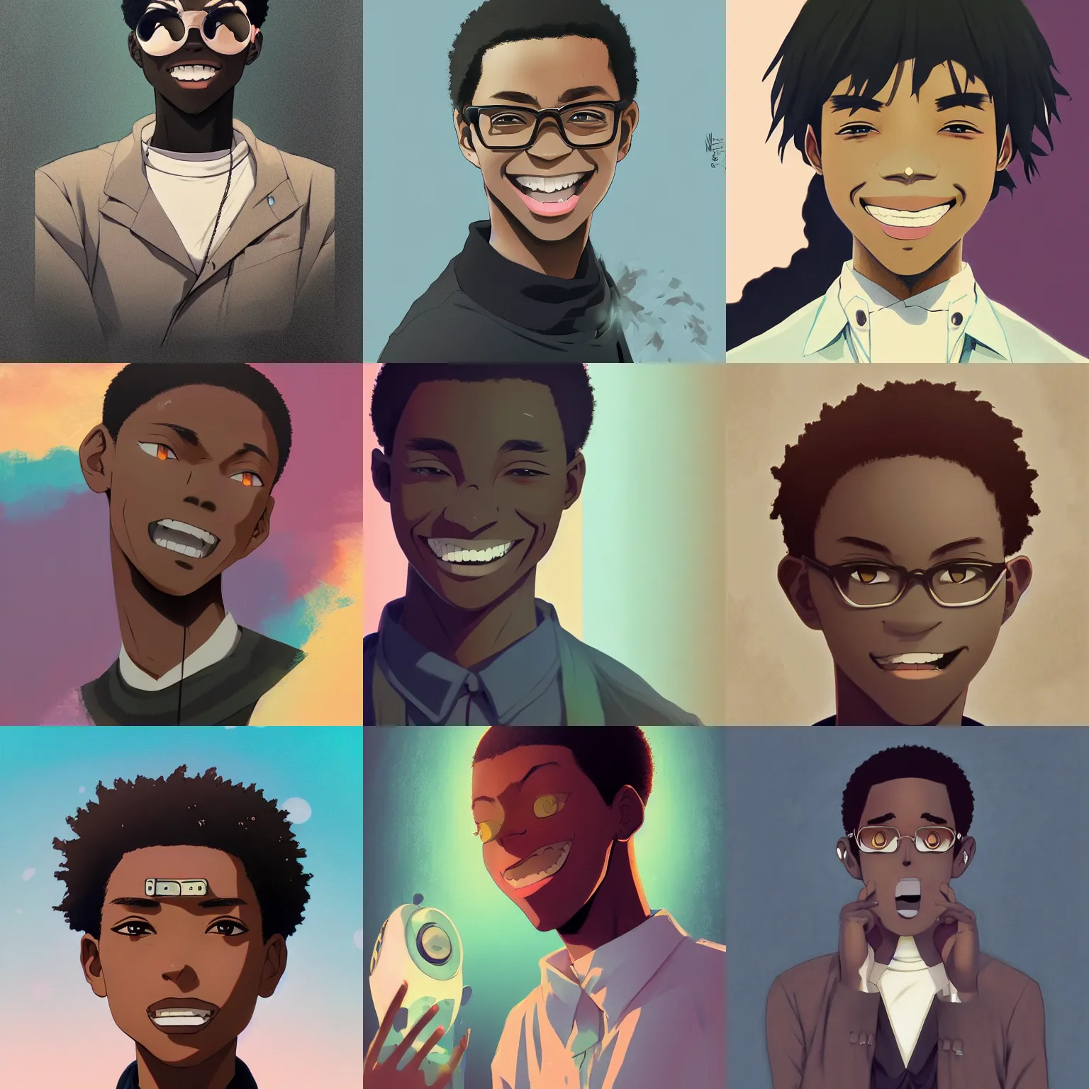 Prompt: anime black man, muted colors, matte print, pastel colors, ornate, digital art, cute smile, digital painting, fan art, elegant, pixiv, by Ilya Kuvshinov, by Studio Ghibli