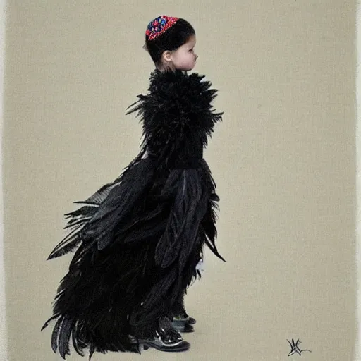 Image similar to little girl wearing an dress made of black feathers, artwork made by ilya kushinov