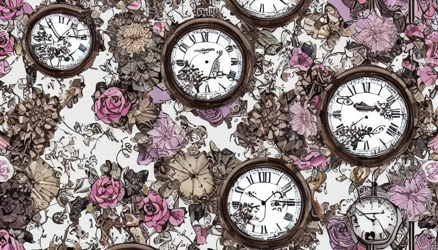 Prompt: flowers and steampunk clock still life pattern, white background