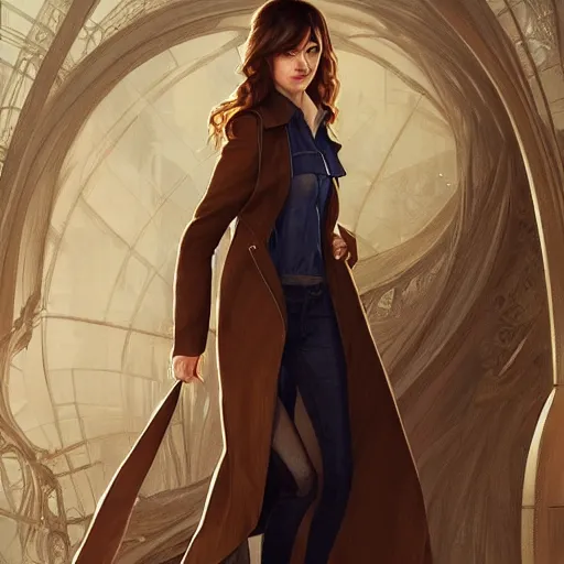 Image similar to full figure ultra realistic illustration, evan rachel wood with brown hair and bangs, wearing a brown trench coat, intricate, elegant, highly detailed, digital painting, artstation, concept art, smooth, sharp focus, illustration, art by artgerm and greg rutkowski and alphonse mucha