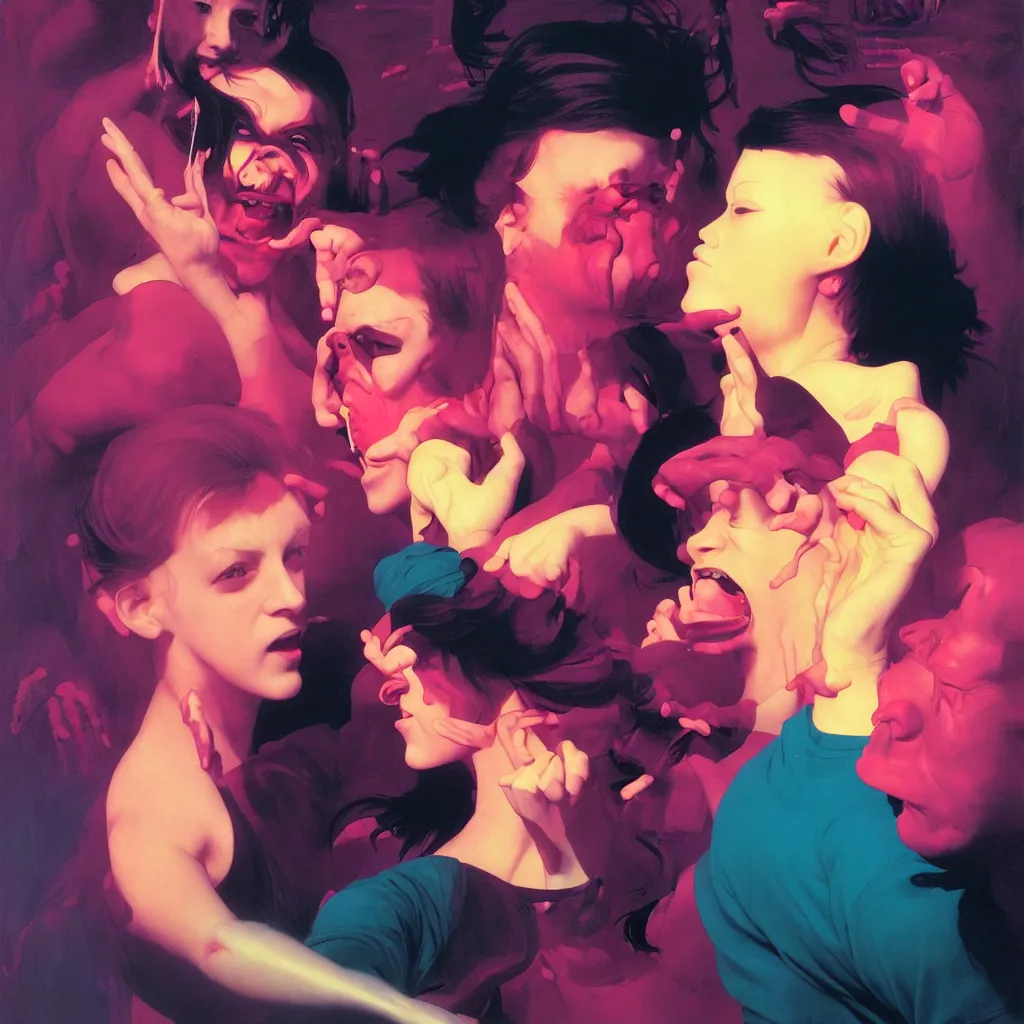 Image similar to happy and disturbing portrait of todd solondz punching a woman, smiling, vivid colors, neon, art by ( ( ( kuvshinov ilya ) ) ) and wayne barlowe and francis bacon and artgerm and wlop and william - adolphe bouguereau