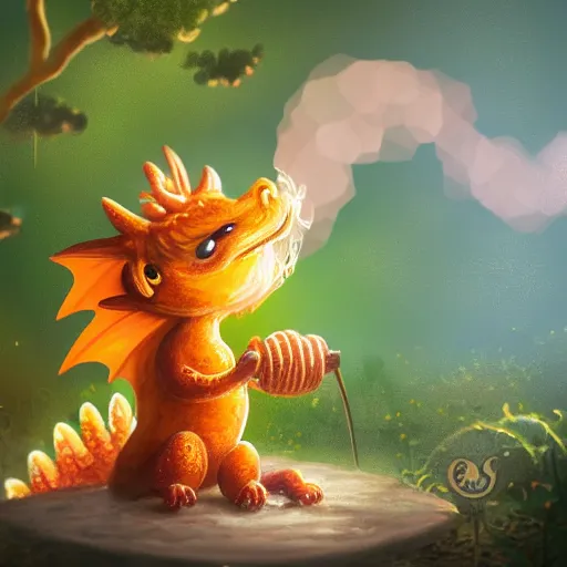 Image similar to image of a little cute dragon in a fantasy forest spitting honey instead of fire, digital art, trending on artstation