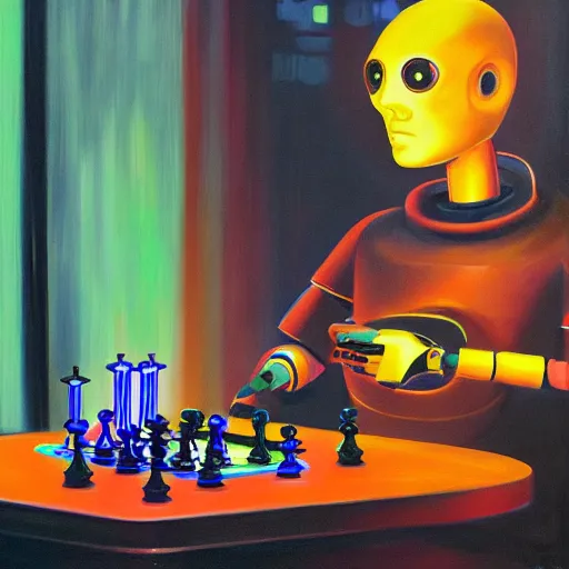 Image similar to a very smart robot playing neon chess sitting at a table, cyberpunk, oil painting