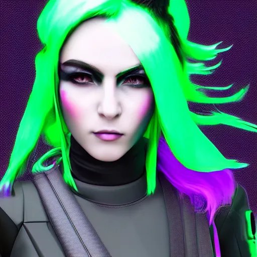 Image similar to cyberpunk girl with purple and green hair, headshot, tending on artstation, 8k