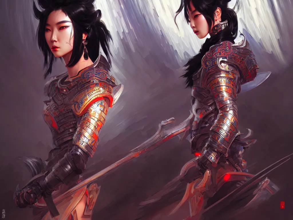 Image similar to portrait hero action pose of futuristic black hair female knights of zodiac, abstract chinese dragon concept art, d & d, at neon light ancient temple, highly detailed, digital painting, artstation, sharp focus, illustration, art by tan zi and ayanamikodon and alphonse mucha and wlop