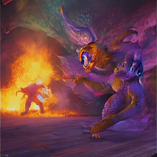 Prompt: ginger man in a purple t-shirt fights a fire breathing dragon in a room filled with dragon eggs, painted, by Yongjae Choi, high fantasy