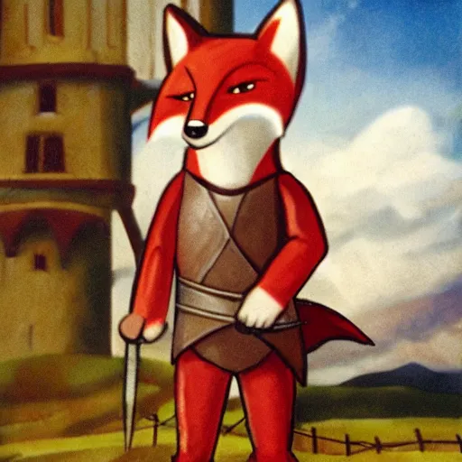 Image similar to anthropomorphic fox!! who is a medieval knight holding a sword towards a stormy thundercloud 1 9 3 0 s film still, castle in the background