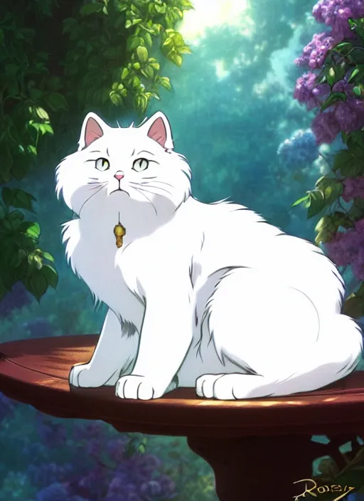 Image similar to fluffy white cat, natural lighting, path traced, highly detailed, high quality, cartoon, digital painting, by don bluth and ross tran and studio ghibli and alphonse mucha