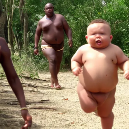 Image similar to mini - dv still of a fat, caucasian man in a swimsuit chasing african tribesmen