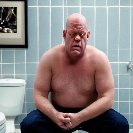 Prompt: a picture of hank schrader with a confused expression sitting on a toilet