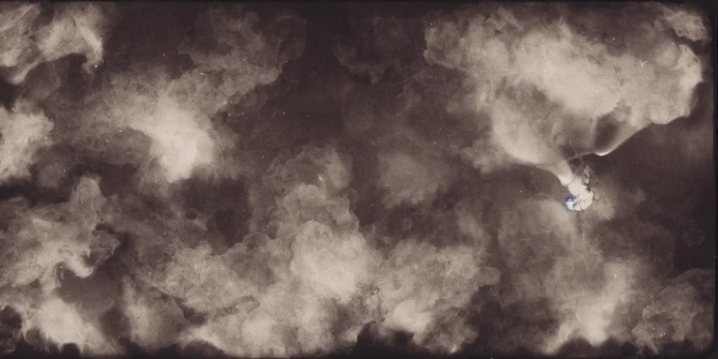 Prompt: large explosions clouds of smoke fireballs, aerial view tintype photograph