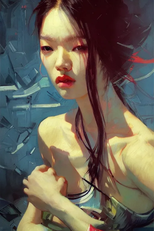 Prompt: hoyeon jung by greg rutkowski, jeremy mann, francoise nielly, van gogh, ross tran, rule of thirds, seductive look, beautiful