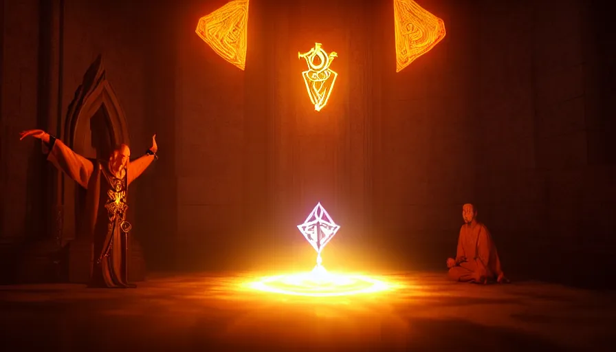 Prompt: an evil priest performs demonic ritual with magic and a glowing sigil in a fantastic temple, volumetric lighting, magical lighting, raytracing, dynamic lights and shadows, photorealistic render, digital art, wallpaper