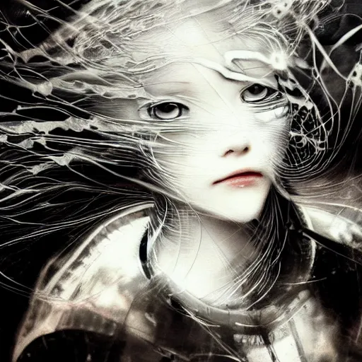 Prompt: yoshitaka amano blurred and dreamy illustration of an anime girl with pirate eye patch, wavy white hair and cracks on her face wearing elden ring armour with the cape fluttering in the wind, abstract black and white patterns on the background, noisy film grain effect, highly detailed, renaissance oil painting, weird portrait angle