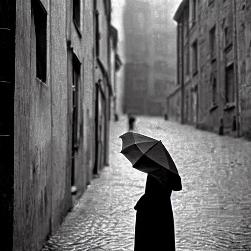 Image similar to fine art photograph of a woman seen from behind she is waiting for the rain to stop, cobblestone street, by henri cartier - bresson