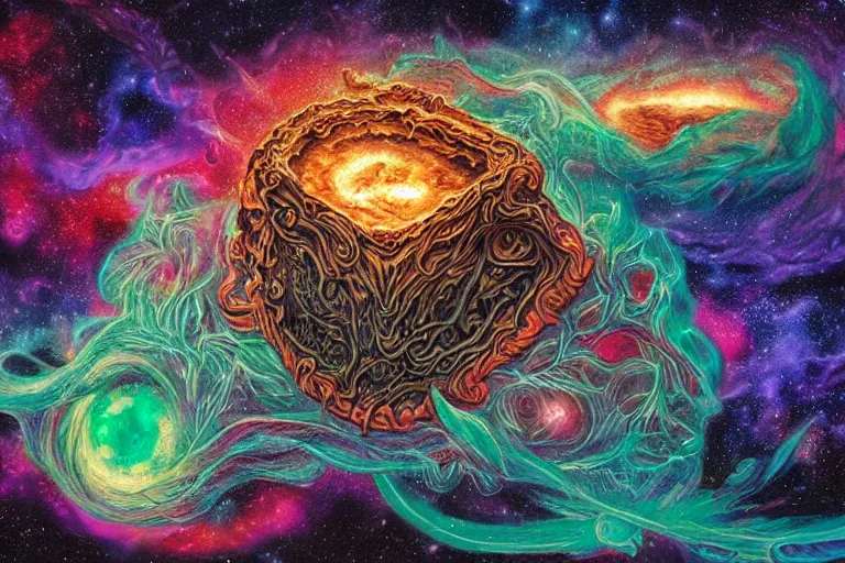 Prompt: a giant skull and flesh creature with deep and intricate rune carvings and twisting lovecraftian tentacles emerging from a space nebula by dan mumford, twirling smoke trail, a twisting vortex of dying galaxies, collapsing stars, digital art, photorealistic, vivid colors, highly detailed, intricate