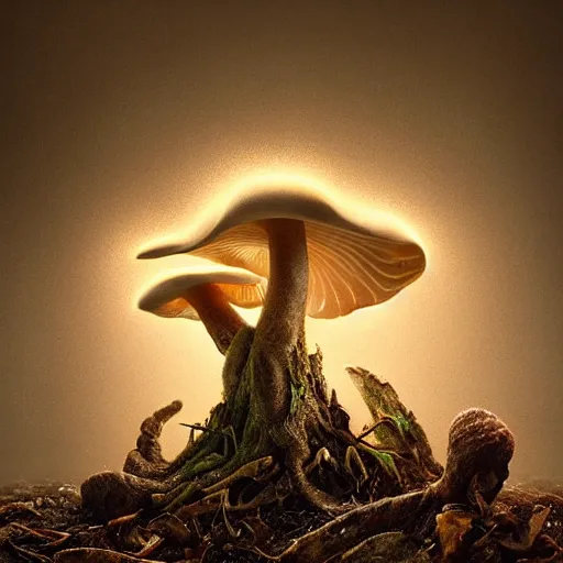 Prompt: a beautiful macro photography on a rotten stump is a small family of conical oyster mushrooms, which are suspiciously reaching for an unusual symbol on the wall depicting a dissected cross, hyper detailed, warm volumetric lights, made by gerald brom and mike winkelmann, photorealism