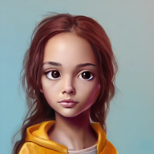 Image similar to young Latin girl with a beige hoodie, shy, focus on face, still, photograph, digital painting, trending on artstation, masterpiece, in the style of JB Casacop, disney