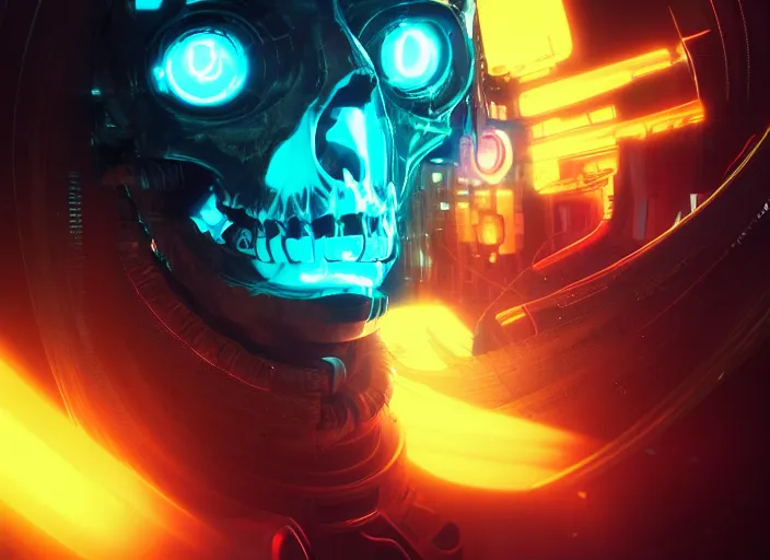 Prompt: a futuristic skull with glowing eyes and a wormhole tunnel, cyberpunk art by ross tran, behance contest winner, computer art, darksynth, synthwave, rendered in cinema 4 d