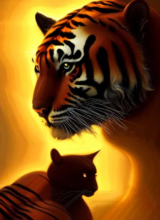 Image similar to portrait of a humanoid tiger and a black cat, atmospheric lighting, painted, menacing, intricate, volumetric lighting, beautiful, rich deep colours masterpiece, golden hour, sharp focus, ultra detailed, by leesha hannigan, ross tran, thierry doizon, kai carpenter, ignacio fernandez rios