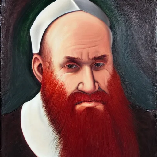 Image similar to Impressive portrait of a Catholic priest with red hair, a white beard, and brilliant silver eyes. Oil on canvas.