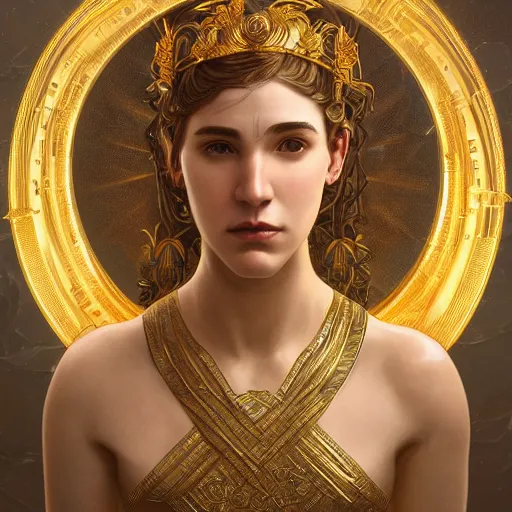 Image similar to portrait of Ex Machina as a greek goddess, marble statue, greek mythology, gold crown and filaments, intricate, headshot, highly detailed, digital painting, artstation, concept art, sharp focus, cinematic lighting, illustration, art by artgerm and greg rutkowski, alphonse mucha, cgsociety