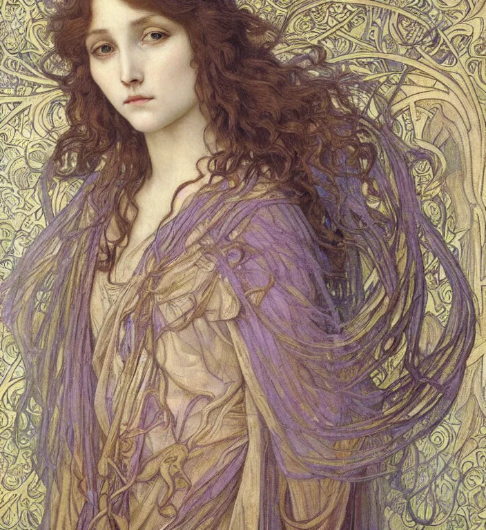 Image similar to detailed realistic beautiful young medieval queen face portrait by jean delville, alphonse mucha, vincent van gogh, and marco mazzoni, art nouveau, symbolist, visionary, gothic, pre - raphaelite