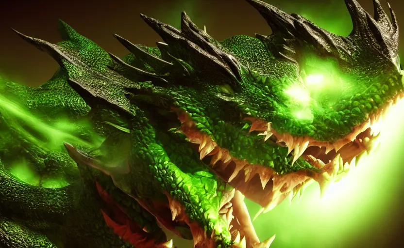 Image similar to green dragon, smiling, studio shot, volumetric lighting, 8 k, real life picture, realistic, hyperdetailed, no blur, shadows