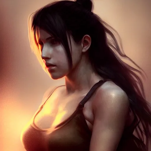 Prompt: Beautiful riveting Tifa Lockhart portrait, face centered portrait, Confident, fog, rain, volumetric lighting, beautiful, golden hour, sharp focus, ultra detailed, conceptartworld by Leesha Hannigan, Ross Tran, Thierry Doizon, Kai Carpenter,Ignacio Fernández Ríos