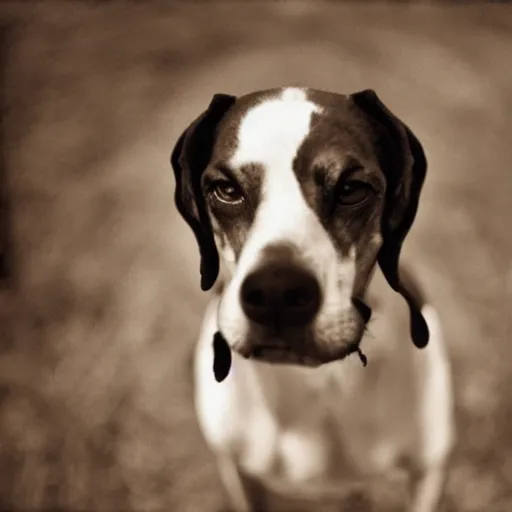 Image similar to photo of a hound dog with red eyes, vintage camera