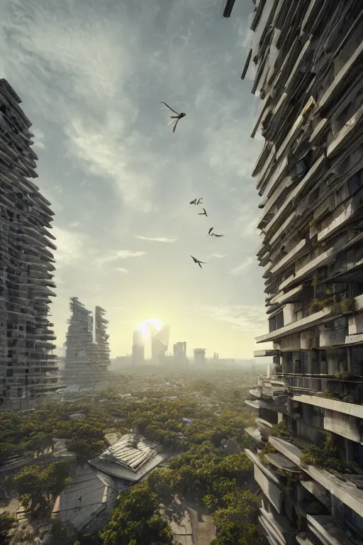 Prompt: tall brutalist buildings, solarpunk architecture, hanging gardens, sunshine, clouds, dramatic lighting, colorful birds, trending on Artstation, 8k, highly realistic, hyper detailed, unreal engine 5, IMAX quality, realistic, cinematic, epic lighting, realistic, Matte Painting, masterpiece