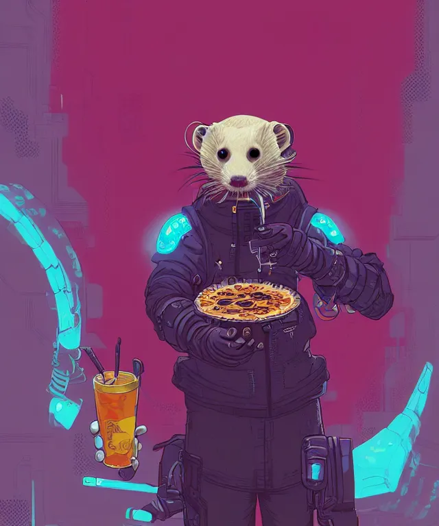 Prompt: a portrait of an anthropomorphic cyberpunk ferret eating pie, cyberpunk!, fantasy, elegant, digital painting, artstation, concept art, matte, sharp focus, illustration, art by josan gonzalez