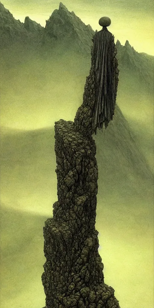 Image similar to A detailed lonley alien sock stands among the mountains. Wearing a ripped mantle, robe. Perfect face, extremely high details, realistic, fantasy art, solo, masterpiece, art by Zdzisław Beksiński, Arthur Rackham, Dariusz Zawadzki